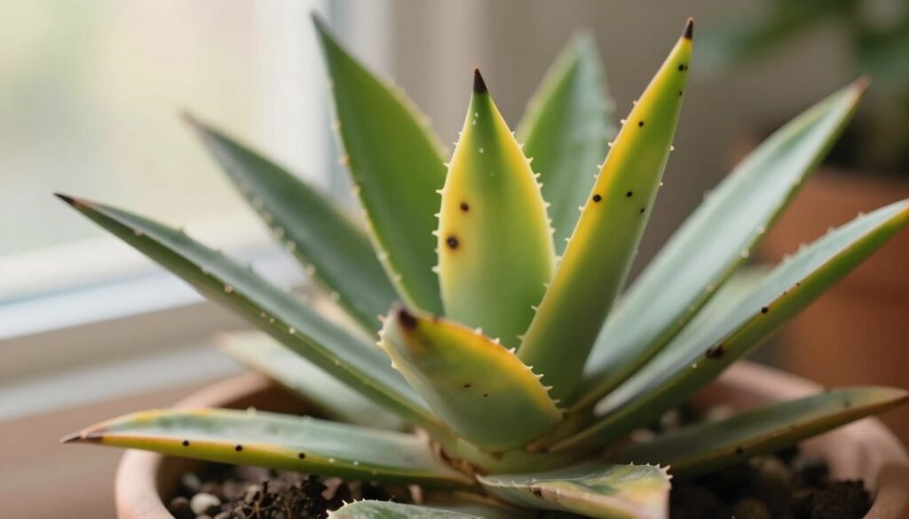 A close-up view of a jade plant showing visible signs of distress, such as yellowing leaves and black spots indicating rot. In the foreground, focus on a few affected leaves, highlighting their textures and any signs of wilting. In the middle ground, include healthy leaves and a bit of healthy soil, showcasing the contrast. The background features a softly blurred, natural indoor setting with indirect sunlight filtering through a window, creating a warm and inviting atmosphere. A professional and minimalistic design, emphasizing the challenges of jade plant care. The overall mood should be informative yet visually appealing, inviting readers to explore solutions. By Maya.