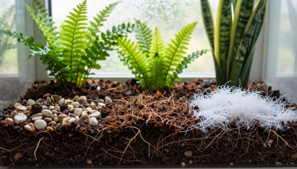 A close-up view of a lush and healthy bathroom plant substrate, showcasing a mix of rich, dark soil, perlite, and coconut coir to emphasize moisture retention and drainage. In the foreground, visually appealing layers of the substrate are presented, with tiny roots emerging from the soil, indicating healthy plant growth. The middle area features a few vibrant green plants like ferns or snake plants, thriving in this optimal environment. In the background, soft, diffused sunlight filters through frosted glass, creating a serene atmosphere. The image should have a balanced composition, highlighting the importance of proper substrate and drainage in a small, humid bathroom setting. The scene is tranquil and inviting, designed to reflect a nurturing space for indoor plants. By Maya.