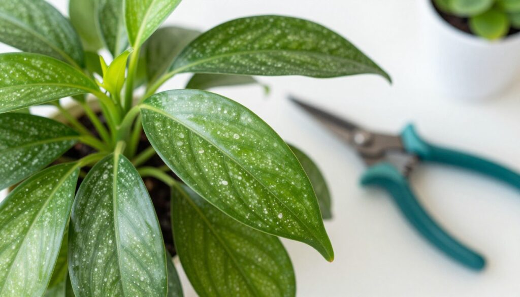 A close-up view of a lush green houseplant exhibiting white speckles on its leaves, indicative of mite infestation. The foreground highlights the intricate details of the leaves, showing the glossy texture and vivid green color contrasting against the tiny white dots. In the middle ground, a pair of pruning shears rests beside the plant, emphasizing the importance of care and maintenance. The background is softly blurred with hints of a bright, well-lit room, enhancing the plant's vibrancy. Natural light filters in, creating gentle highlights and shadows that evoke a clean, fresh atmosphere. The composition captures a feeling of hope and renewal, encouraging recovery and revitalization. By Maya.