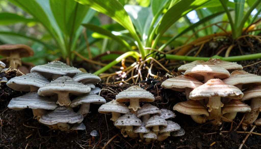 A close-up view of a lush plant substrate, intricately detailed with diverse species of fungi emerging from the soil. The foreground highlights various fungal growths in shades of white, grey, and earthy brown, showcasing their unique textures and shapes, including delicate filaments and clustered caps. In the middle ground, the soil appears rich and dark, surrounded by vibrant green roots and plant leaves, suggesting a healthy ecosystem. The background features softly blurred, lush greenery, creating a sense of depth. The lighting is natural, with soft sunlight filtering through, casting gentle shadows and illuminating the fungi’s details. The overall mood is one of tranquility and natural beauty, vibrant yet scientific, emphasizing the relationship between plants and fungi. By Maya. A close-up view of a lush plant substrate, intricately detailed with diverse species of fungi emerging from the soil. The foreground highlights various fungal growths in shades of white, grey, and earthy brown, showcasing their unique textures and shapes, including delicate filaments and clustered caps. In the middle ground, the soil appears rich and dark, surrounded by vibrant green roots and plant leaves, suggesting a healthy ecosystem. The background features softly blurred, lush greenery, creating a sense of depth. The lighting is natural, with soft sunlight filtering through, casting gentle shadows and illuminating the fungi’s details. The overall mood is one of tranquility and natural beauty, vibrant yet scientific, emphasizing the relationship between plants and fungi. By Maya.