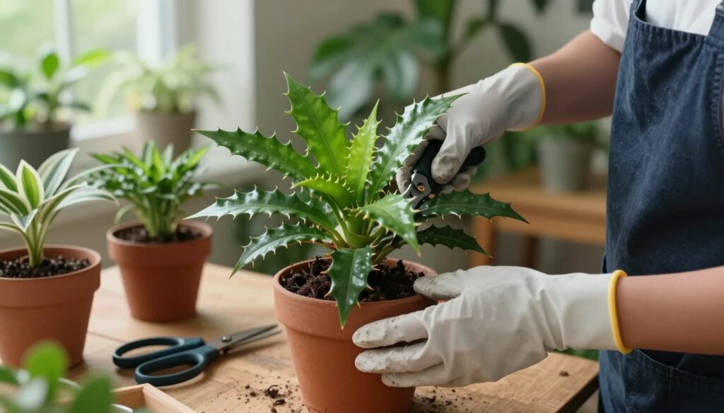 A close-up view of a person in professional attire carefully handling a toxic plant during pruning and repotting. In the foreground, show gloved hands cautiously trimming the leaves of a vibrant, but clearly poisonous plant with sharp spines and glossy leaves. The middle ground features a wooden potting table with gardening tools like scissors and a pot, reflecting the attentive care being taken. In the background, there’s a softly lit indoor garden setting, with green foliage and indirect sunlight filtering through a window, creating a calm yet alert atmosphere. The scene communicates safety and caution in caring for dangerous plants. By Maya.