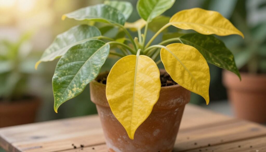 A close-up view of a potted plant showcasing yellowing leaves, indicating potential health issues. The foreground features several large, lush leaves, some vibrant green and others distinctly yellow, with subtle textures and veining. The middle ground includes the pot, made of rustic clay, placed on a wooden table with faintly visible dirt around the plant's base. In the background, a softly blurred garden scene provides a natural setting, with diffused sunlight filtering through leaves, creating a warm and inviting atmosphere. The overall mood is informative yet serene, perfect for illustrating a discussion on common causes of yellowing leaves. Shot with a 50mm lens for detailed focus, capturing the essence of plant care. By Maya. A close-up view of a potted plant showcasing yellowing leaves, indicating potential health issues. The foreground features several large, lush leaves, some vibrant green and others distinctly yellow, with subtle textures and veining. The middle ground includes the pot, made of rustic clay, placed on a wooden table with faintly visible dirt around the plant's base. In the background, a softly blurred garden scene provides a natural setting, with diffused sunlight filtering through leaves, creating a warm and inviting atmosphere. The overall mood is informative yet serene, perfect for illustrating a discussion on common causes of yellowing leaves. Shot with a 50mm lens for detailed focus, capturing the essence of plant care. By Maya.