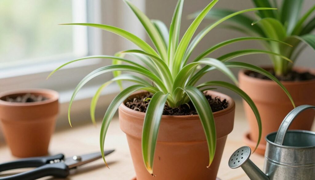 A close-up view of a spider plant showing various leaf patterns, some leaves curling and discolored, while others remain healthy and vibrant. In the foreground, a few potting tools like pruning shears and a small watering can are casually placed to suggest plant care. In the middle, the spider plant is in a terracotta pot with soil peeking out, highlighting its lush green foliage and characteristic spider-like offshoots. The background softly blurs to reveal a sunny indoor environment, with natural light shining through a window, creating a warm, inviting atmosphere. The composition feels educational yet approachable, encouraging viewers to engage with the plant care topic. By Maya.