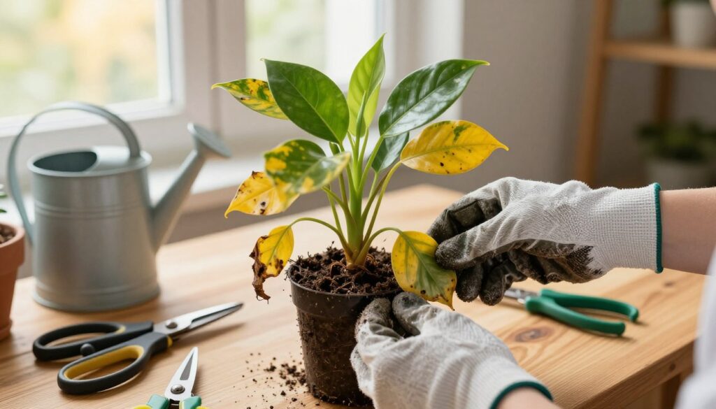 A close-up view of a struggling houseplant, with yellowing leaves and wilting stems, sits on a wooden table in a well-lit indoor environment. In the foreground, a pair of hands, wearing gardening gloves, gently tend to the plant, pruning dead leaves. In the middle, various gardening tools, such as scissors and a watering can, are scattered around, indicating a rescue plan in progress. In the background, a sunny window floods the scene with warm, natural light, highlighting the hope of recovery. The mood is one of careful nurturing and determination, illustrating a step-by-step approach to plant rehabilitation. By Maya.