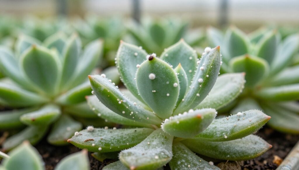 A close-up view of a succulent plant infested with cochonilhas, showcasing the white, cottony pests on the leaves and stems. The succulent should have vibrant green leaves that contrast with the tiny, round, and fluffy cochonilhas, creating a striking visual. In the foreground, focus on the detailed texture of the succulent’s leaves and the cochonilhas, while the middle ground features more plants suffering from similar infestations. The background blurs slightly, hinting at a greenhouse setting with soft, natural lighting filtering through. Aim for a macro lens effect to enhance detail, conveying a mood of urgency and awareness about pest management. By Maya.