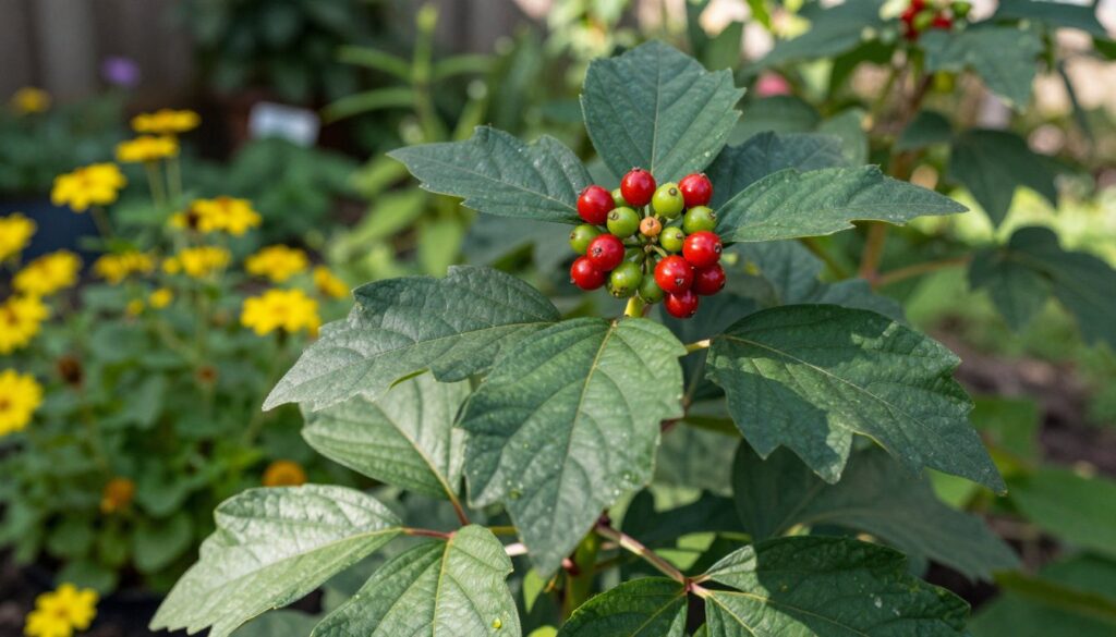 A close-up view of a toxic plant poisonous to dogs, showcasing its distinctive features, such as glossy, dark green leaves, and small, vibrant berries. The plant is positioned prominently in the foreground against a blurred garden background filled with bright flowers and lush greenery, creating a serene atmosphere. Soft, natural lighting filters through the leaves, casting gentle shadows, highlighting the plant's dangerous aspects. The image should evoke a sense of caution, emphasizing the need to avoid this plant for pet safety. The composition is captured at a slight upward angle to enhance the plant's imposing presence. Ensure the image is free of any text or watermarks. By Maya.