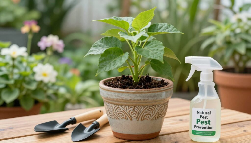 A close-up view of a vibrant potted plant with healthy green leaves, showcasing soil that is free of pests. In the foreground, a few small tools for gardening, such as a hand trowel and a spray bottle with a label that reads 