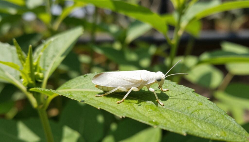 A close-up view of a white insect resting on a vibrant green plant leaf, showcasing intricate details of its body and texture. The background features a softly blurred garden setting, creating a serene and natural atmosphere. Gentle sunlight filters through the foliage, casting dappled light on the scene, emphasizing the lushness of the plant. The insect should appear in sharp focus, while the surrounding plants add depth with a bokeh effect, enhancing the overall beauty of the composition. The mood is one of calmness and renewal, inviting the viewer to imagine the recovery of the plant. This image should be in a realistic style, capturing the delicate balance of nature. By Maya.