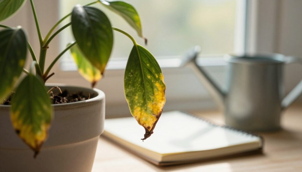 A close-up view of a wilting houseplant, its leaves drooping with yellowing edges, sitting in a light-colored ceramic pot. The foreground highlights the intricate details of the leaf texture, showcasing the sadness of decay. In the middle ground, a soft focus reveals a small notebook and a watering can, hinting at a care plan. The background features a blurred sunny window, symbolizing hope and life, with gentle sunlight streaming in, casting a warm glow. The atmosphere is one of gentle concern and a sense of urgency for care, evoking emotions of empathy and determination to save the plant. Capture this moment in a natural, earthy color palette. By Maya.
