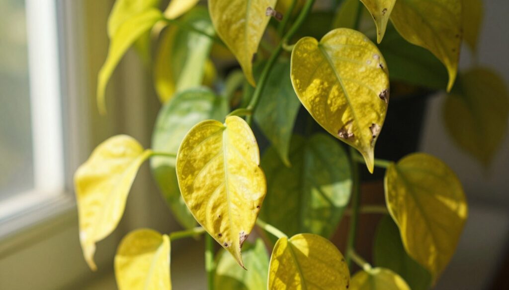 A close-up view of a yellowing Jiboia plant (Pothos), showcasing its wilted leaves with a vibrant green background. In the foreground, the leaves display various shades of yellow, highlighting the signs of stress. The middle ground features the plant's trailing vines, elegantly draping down, while the background remains softly blurred to emphasize the foliage. Natural sunlight streams in from the left, casting gentle shadows and creating a warm, inviting atmosphere. The lens captures intricate details of the leaf texture, with a focus on the veins and edges. The image exudes a sense of rejuvenation, inviting the viewer to consider care techniques for plant recovery. By Maya. A close-up view of a yellowing Jiboia plant (Pothos), showcasing its wilted leaves with a vibrant green background. In the foreground, the leaves display various shades of yellow, highlighting the signs of stress. The middle ground features the plant's trailing vines, elegantly draping down, while the background remains softly blurred to emphasize the foliage. Natural sunlight streams in from the left, casting gentle shadows and creating a warm, inviting atmosphere. The lens captures intricate details of the leaf texture, with a focus on the veins and edges. The image exudes a sense of rejuvenation, inviting the viewer to consider care techniques for plant recovery. By Maya.
