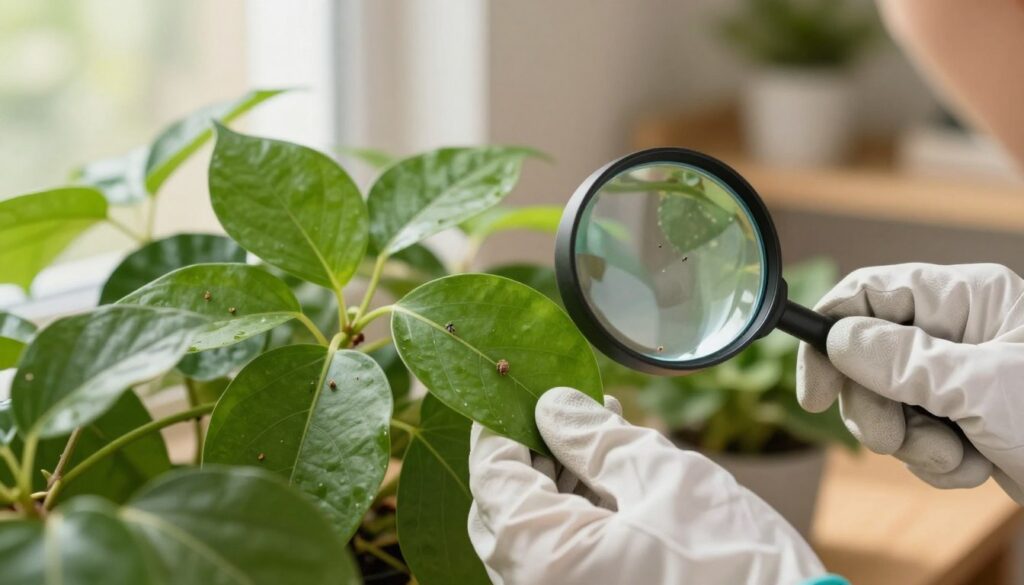 A close-up view of healthy indoor plants being inspected for spider mites, showcasing vibrant green leaves with a few minute, visible insect details. In the foreground, a pair of hands wearing gardening gloves gently examines a leaf, while a magnifying glass highlights the tiny mites on its surface. The background features soft-focus of a well-lit room with warm, natural lighting filtering through a window, creating an inviting atmosphere. The composition should evoke a sense of care and vigilance in plant maintenance. The scene captures a moment of prevention and attention to detail, emphasizing the importance of protecting plants from pests. By Maya.