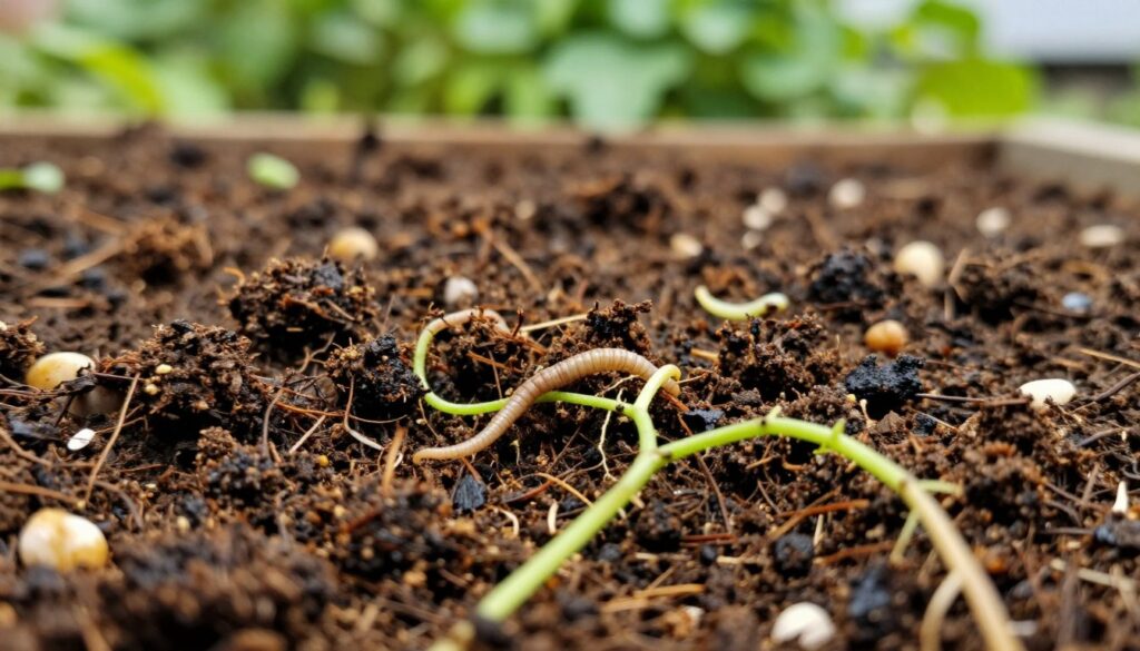 A close-up view of healthy potting soil, rich in texture and organic matter, with a focus on dark brown and black earth interspersed with visible white root structures and earthworms. In the foreground, show vibrant green plant roots gently weaving through the soil, indicating a thriving ecosystem. In the middle ground, add subtle hints of small white larvae peeking out, surrounded by rich compost and tiny pebbles, which suggests soil vitality. The background should softly fade to an out-of-focus garden setting with lush, green foliage, creating a sense of depth. Utilize natural lighting to enhance the earthy tones and create a warm, inviting atmosphere. Shot with a macro lens to capture intricate details, evoking a sense of close observation and connection to nature. By Maya. A close-up view of healthy potting soil, rich in texture and organic matter, with a focus on dark brown and black earth interspersed with visible white root structures and earthworms. In the foreground, show vibrant green plant roots gently weaving through the soil, indicating a thriving ecosystem. In the middle ground, add subtle hints of small white larvae peeking out, surrounded by rich compost and tiny pebbles, which suggests soil vitality. The background should softly fade to an out-of-focus garden setting with lush, green foliage, creating a sense of depth. Utilize natural lighting to enhance the earthy tones and create a warm, inviting atmosphere. Shot with a macro lens to capture intricate details, evoking a sense of close observation and connection to nature. By Maya.