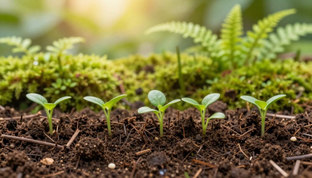 A close-up view of healthy soil enriched with organic matter, showcasing a variety of small, vibrant green plants emerging from it, illustrating the concept of A close-up view of healthy soil enriched with organic matter, showcasing a variety of small, vibrant green plants emerging from it, illustrating the concept of