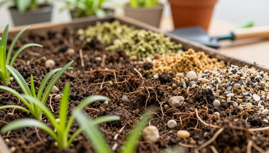 A close-up view of rich, textured soil with visible organic materials, interspersed with small pebbles and plant roots. In the foreground, there are vibrant green plant sprouts emerging from the earth, showcasing healthy growth. The middle ground features a variety of soil amendments like peat moss, perlite, and compost. In the background, softly blurred images of potted plants and gardening tools add to the scene, creating a nurturing atmosphere. Bright, natural lighting enhances the freshness of the soil, while a slight overhead angle captures the lush details, inviting viewers into the gardening experience. The overall mood is one of growth and vitality. By Maya. A close-up view of rich, textured soil with visible organic materials, interspersed with small pebbles and plant roots. In the foreground, there are vibrant green plant sprouts emerging from the earth, showcasing healthy growth. The middle ground features a variety of soil amendments like peat moss, perlite, and compost. In the background, softly blurred images of potted plants and gardening tools add to the scene, creating a nurturing atmosphere. Bright, natural lighting enhances the freshness of the soil, while a slight overhead angle captures the lush details, inviting viewers into the gardening experience. The overall mood is one of growth and vitality. By Maya.