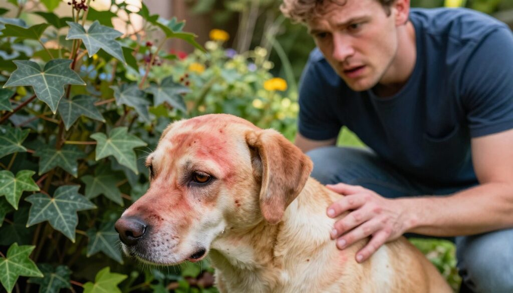 A concerned pet owner observing their dog showing symptoms of poison ivy intoxication, with red, inflamed rashes on the dog's skin. The foreground features close-up details of the dog's irritated skin and watery eyes, conveying discomfort. In the middle ground, the owner, dressed in casual clothing, kneels beside the pet, exhibiting a worried expression. The background depicts a vibrant garden with recognizable poison ivy plants, ensuring clarity of the plant's distinctive leaves. The lighting is warm and natural, with soft shadows enhancing the mood of concern and care. The overall atmosphere is informative and serious, focusing on pet safety. By Maya.