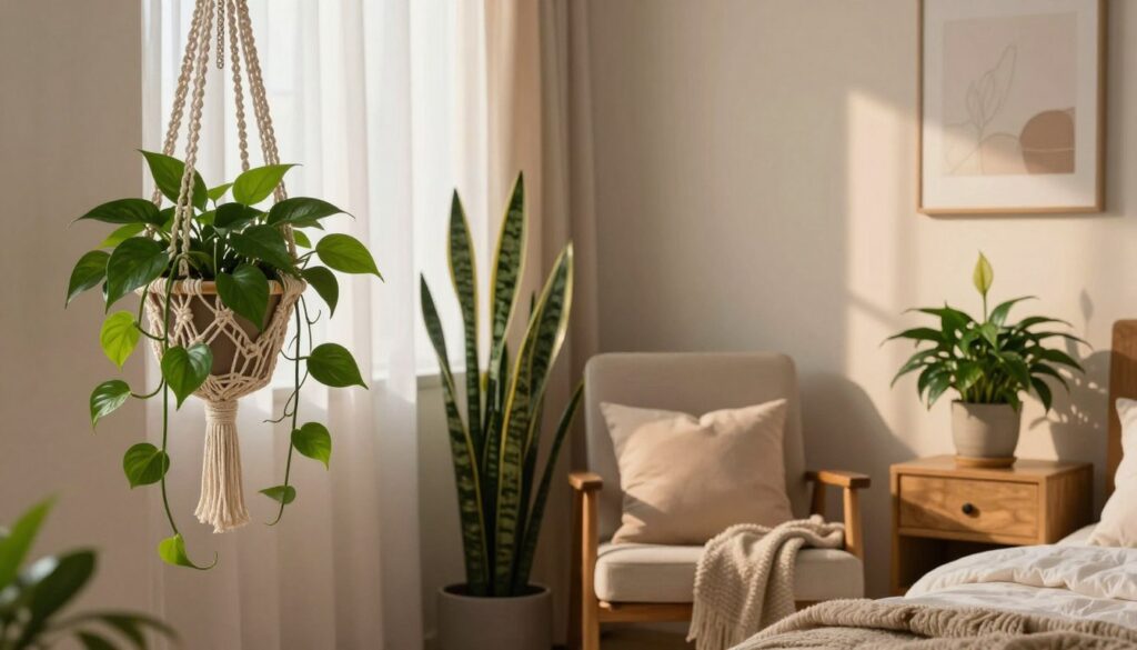 A cozy bedroom scene featuring a variety of indoor plants creating a serene atmosphere. In the foreground, a beautiful, lush pothos plant cascades over a stylish macrame hanger. In the middle ground, a tall snake plant stands elegantly next to a comfortable reading chair, while a smaller peace lily brightens the space on a wooden nightstand. The background showcases soft, warm lighting filtering through sheer curtains, casting gentle shadows. A subtle, contemporary art piece adorns the wall, enhancing the calming vibe. Soft pillows and a plush throw blanket on the chair invite relaxation. The overall mood is tranquil and inviting, perfect for a bedroom sanctuary. By Maya.
