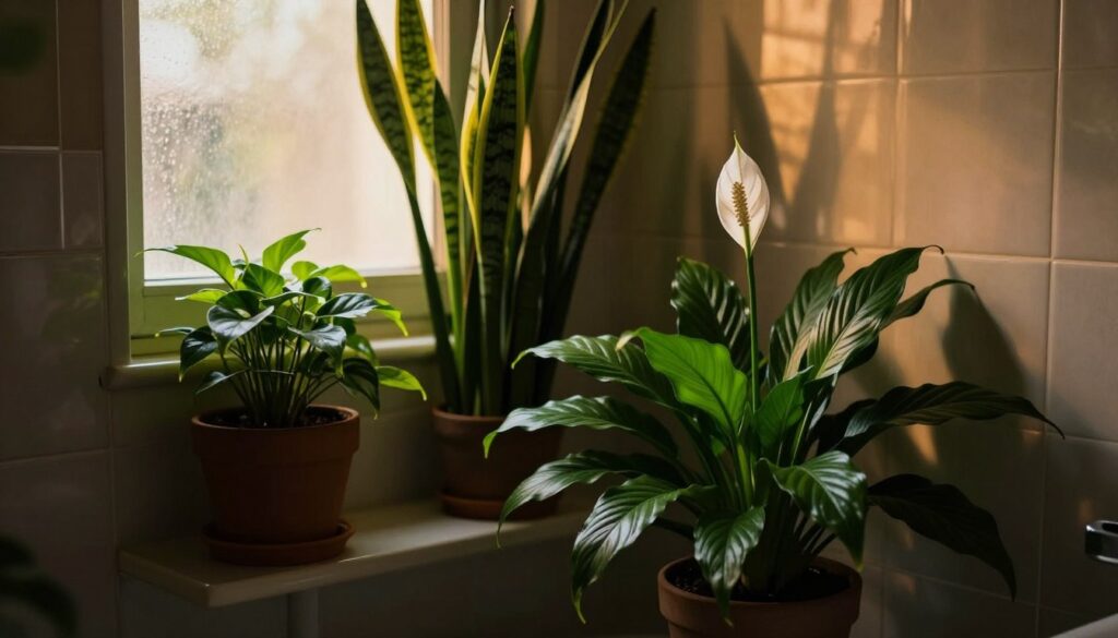 A cozy, dimly-lit bathroom featuring lush, low-light plants thriving in the humid environment. In the foreground, a vibrant Peace Lily with glossy green leaves and delicate white blooms stands elegantly on a small shelf. In the middle ground, a delightful arrangement of Snake Plants, their tall, rigid leaves providing structure. The background reveals soft shadows playing along the edges of the room, highlighting the natural beauty of these resilient plants. Warm, inviting light filters through a frosted window, casting gentle reflections on the tiled surfaces. The atmosphere is tranquil and refreshing, showcasing the perfect plants for a small, dark bathroom. By Maya.