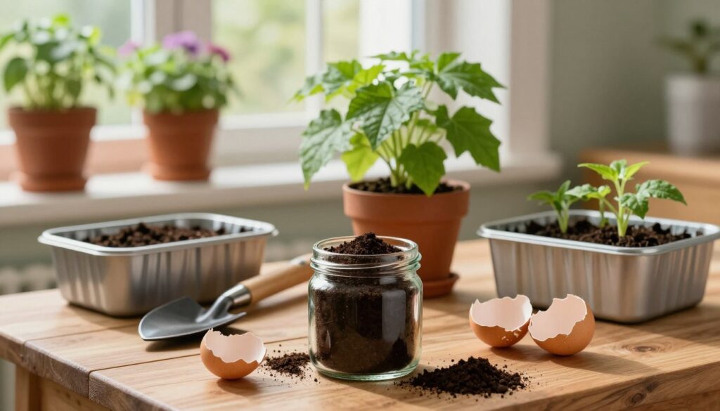 A cozy home gardening scene featuring a wooden table with various containers of homemade organic fertilizer for plants. In the foreground, there's a close-up of a small glass jar filled with rich, dark compost, surrounded by fresh kitchen scraps like egg shells and coffee grounds. In the middle, a potted plant thrives, showing vibrant green leaves, next to a well-used gardening trowel. In the background, soft natural light filters through a window, illuminating potted herbs and flowers on a windowsill. The atmosphere is warm and inviting, conveying the nurturing process of plant care. The image represents the theme of effective homemade plant fertilizers. By Maya.