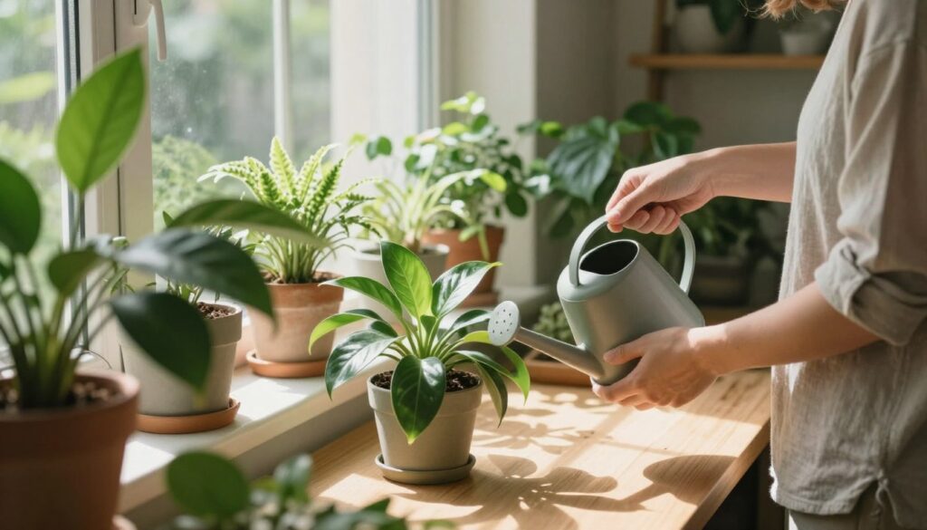 A cozy indoor scene showcasing a person tending to a lush green houseplant. In the foreground, the person, dressed in modest casual clothing, gently waters the plant with a stylish watering can. The plant displays vibrant leaves, reflecting healthy growth. In the middle, a bright, sunlit windowsill is lined with various indoor plants, creating a warm and inviting atmosphere. Soft, natural light filters through a nearby window, casting gentle shadows that enhance the texture of the leaves and the surface of the table. In the background, a pleasant, peaceful home environment with hints of nature, like a small garden visible outside, adds depth. The overall mood is serene and nurturing, emphasizing the beauty of plant care. By Maya.