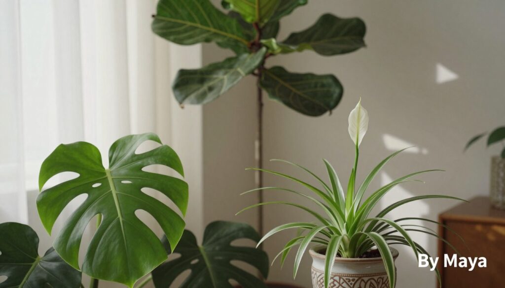 A cozy indoor setting featuring a variety of beautiful houseplants, showcasing their lush greenery and diverse shapes. In the foreground, include a vibrant monstera leaf along with a delicate spider plant in a decorative ceramic pot. The middle ground should have a tall fiddle leaf fig, enhancing the sense of height and elegance, while a smaller peace lily adds a touch of softness. In the background, soft natural light filters through a sheer window curtain, casting gentle shadows that create a serene atmosphere. The overall mood is inviting and refreshing, perfect for a home environment. Capture this scene in a subtle, warm color palette, emphasizing the beauty of indoor plants. Style attributed to A cozy indoor setting featuring a variety of beautiful houseplants, showcasing their lush greenery and diverse shapes. In the foreground, include a vibrant monstera leaf along with a delicate spider plant in a decorative ceramic pot. The middle ground should have a tall fiddle leaf fig, enhancing the sense of height and elegance, while a smaller peace lily adds a touch of softness. In the background, soft natural light filters through a sheer window curtain, casting gentle shadows that create a serene atmosphere. The overall mood is inviting and refreshing, perfect for a home environment. Capture this scene in a subtle, warm color palette, emphasizing the beauty of indoor plants. Style attributed to