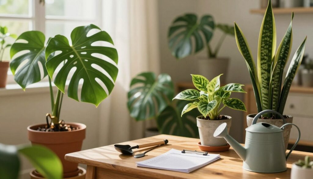 A cozy indoor setting showcasing a variety of lush houseplants, emphasizing vibrant greens and diverse leaf shapes. In the foreground, include a beautifully potted monstera and a thriving snake plant, both receiving warm sunlight. The middle of the scene features a wooden coffee table adorned with gardening tools, a watering can, and a checklist for plant maintenance. In the background, softly blurred, there's a window with sheer curtains allowing gentle light to filter in, casting a serene and inviting atmosphere. The overall mood is peaceful and nurturing, encouraging a sense of calm and leafy beauty. The image is captured at a slight angle with natural lighting, showcasing a harmonious blend of nature and home decor. By Maya. A cozy indoor setting showcasing a variety of lush houseplants, emphasizing vibrant greens and diverse leaf shapes. In the foreground, include a beautifully potted monstera and a thriving snake plant, both receiving warm sunlight. The middle of the scene features a wooden coffee table adorned with gardening tools, a watering can, and a checklist for plant maintenance. In the background, softly blurred, there's a window with sheer curtains allowing gentle light to filter in, casting a serene and inviting atmosphere. The overall mood is peaceful and nurturing, encouraging a sense of calm and leafy beauty. The image is captured at a slight angle with natural lighting, showcasing a harmonious blend of nature and home decor. By Maya.