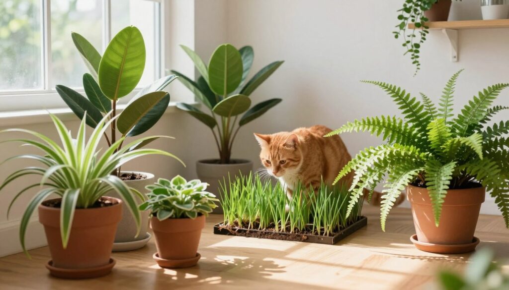 A cozy indoor space featuring a variety of pet-safe plants specifically suitable for cat owners. In the foreground, beautifully arranged pots of spider plants, rubber plants, and Boston ferns, vibrant green leaves gracefully cascading towards the soft wooden floor. In the middle ground, a playful orange tabby cat curiously inspects a nearby cat grass patch, enhancing the pet-friendly theme. The background should showcase a bright and airy room with sunlight streaming in through large windows, casting gentle shadows. The color palette includes warm greens and earthy tones, evoking a tranquil and inviting atmosphere. Soft, natural lighting emphasizes the lush greenery while the overall scene conveys a sense of safety and harmony for pets. By Maya.