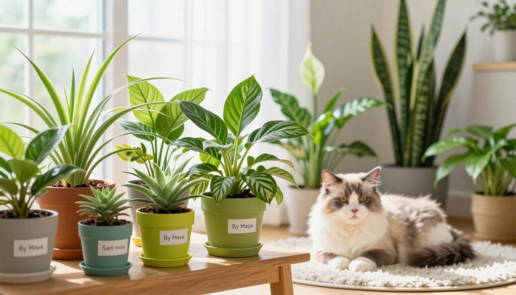 A cozy indoor space filled with various pet-friendly plants, showcasing vibrant greenery such as spider plants, peace lilies, and snake plants. In the foreground, a wooden table displays a variety of bright pots with these plants, each labeled with safe plant identifiers. In the middle ground, there is a fluffy cat lounging peacefully on a soft rug beside the plants, radiating a calm atmosphere. The background features a sunlit window with sheer curtains, allowing natural light to illuminate the scene, enhancing the freshness of the plants. The mood is serene and inviting, ideal for a pet-friendly environment. Shot with a soft-focus lens at a slight angle to highlight the plants and the cat, branded 