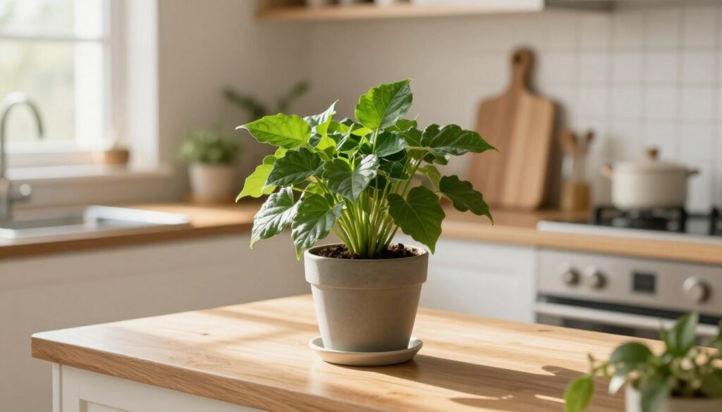 A cozy kitchen featuring a lush green potted plant positioned on a wooden countertop. In the foreground, focus on the vibrant leaves of the plant, showcasing its intricate details and fresh, healthy foliage. The middle ground highlights a sunlit kitchen with warm, inviting colors, including cream and soft earth tones. Natural light filters through a nearby window, casting gentle shadows and enhancing the overall ambiance. In the background, simple kitchen accessories like a cutting board and herbs complement the plant, creating a harmonious space. The atmosphere is tranquil and homey, reflecting a nurturing environment for both cooking and plant care. Captured with a soft focus, this image should evoke a sense of comfort and tranquility. By Maya. A cozy kitchen featuring a lush green potted plant positioned on a wooden countertop. In the foreground, focus on the vibrant leaves of the plant, showcasing its intricate details and fresh, healthy foliage. The middle ground highlights a sunlit kitchen with warm, inviting colors, including cream and soft earth tones. Natural light filters through a nearby window, casting gentle shadows and enhancing the overall ambiance. In the background, simple kitchen accessories like a cutting board and herbs complement the plant, creating a harmonious space. The atmosphere is tranquil and homey, reflecting a nurturing environment for both cooking and plant care. Captured with a soft focus, this image should evoke a sense of comfort and tranquility. By Maya.