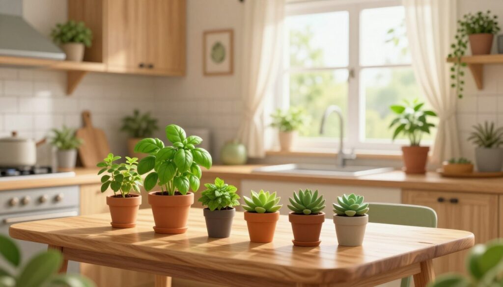 A cozy kitchen setting featuring a variety of vibrant, low-maintenance plants suitable for indoor environments. In the foreground, a stylish wooden table is adorned with several pots of herbs like basil and mint, alongside a small succulent. The middle ground showcases a sunlit kitchen window with greenery framed by soft, sheer curtains, enhancing the natural light. In the background, warm wooden cabinets provide an inviting atmosphere, with additional plants on the shelves adding freshness. The scene conveys a nurturing, harmonious vibe, emphasizing the importance of plant care without the stress of heat and grease. Soft, diffused lighting creates an uplifting mood, aiming to inspire joy and comfort. This illustration is crafted by By Maya. A cozy kitchen setting featuring a variety of vibrant, low-maintenance plants suitable for indoor environments. In the foreground, a stylish wooden table is adorned with several pots of herbs like basil and mint, alongside a small succulent. The middle ground showcases a sunlit kitchen window with greenery framed by soft, sheer curtains, enhancing the natural light. In the background, warm wooden cabinets provide an inviting atmosphere, with additional plants on the shelves adding freshness. The scene conveys a nurturing, harmonious vibe, emphasizing the importance of plant care without the stress of heat and grease. Soft, diffused lighting creates an uplifting mood, aiming to inspire joy and comfort. This illustration is crafted by By Maya.