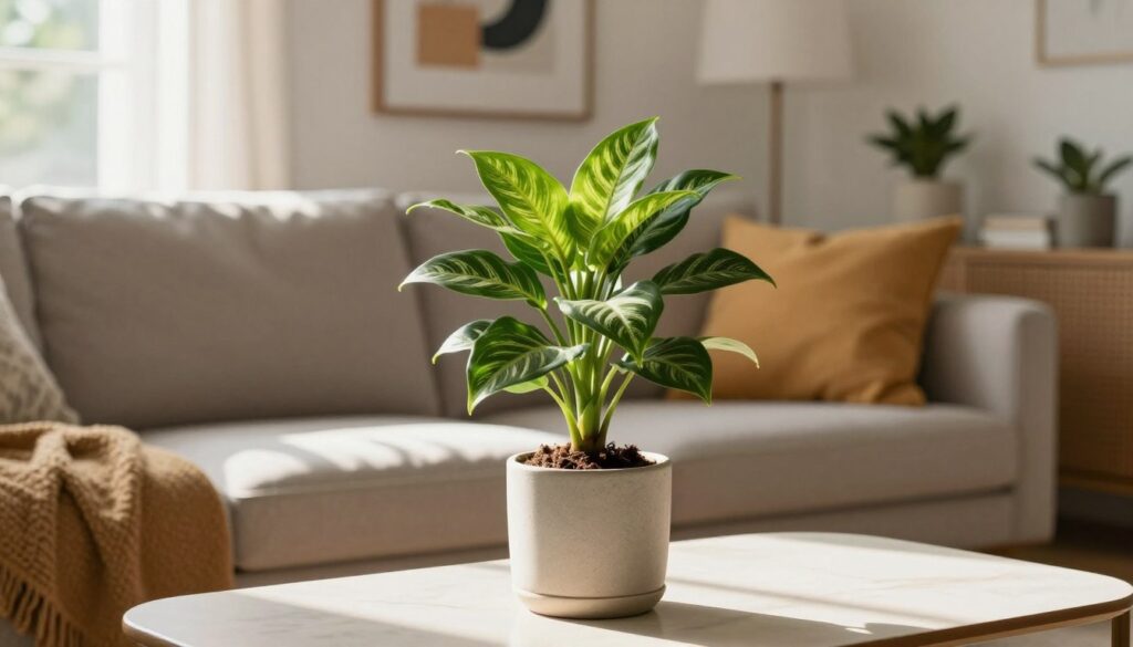 A cozy living room scene featuring a small, vibrant indoor plant in a stylish pot, positioned on a sleek coffee table. The plant has lush, green leaves with a hint of variegation, showcasing its health and vitality. In the middle ground, a soft, inviting sofa adorned with colorful throw pillows complements the plant, while a piece of modern artwork hangs on the wall behind. Natural sunlight filters through a nearby window, casting warm, gentle rays that highlight the rich textures of the room. The atmosphere is calm and inviting, ideal for homeowners seeking effortless greenery. Capture this moment with a slight overhead angle for depth. By Maya. A cozy living room scene featuring a small, vibrant indoor plant in a stylish pot, positioned on a sleek coffee table. The plant has lush, green leaves with a hint of variegation, showcasing its health and vitality. In the middle ground, a soft, inviting sofa adorned with colorful throw pillows complements the plant, while a piece of modern artwork hangs on the wall behind. Natural sunlight filters through a nearby window, casting warm, gentle rays that highlight the rich textures of the room. The atmosphere is calm and inviting, ideal for homeowners seeking effortless greenery. Capture this moment with a slight overhead angle for depth. By Maya.