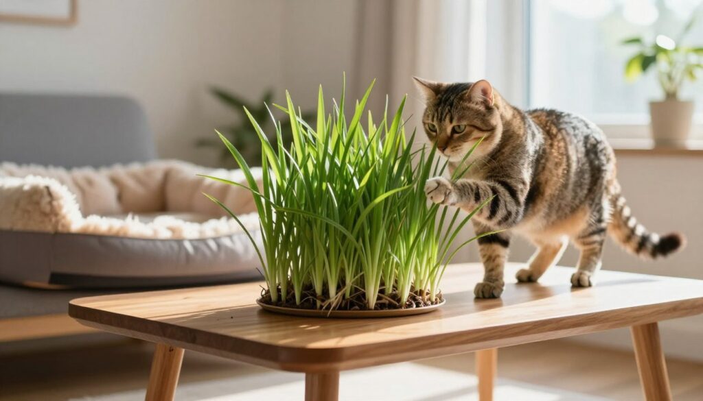 A cozy living room setting, featuring a healthy, indoor cat-friendly plant such as a spider plant or cat grass perched on a stylish wooden table. In the foreground, the vibrant green leaves of the plant are detailed, emphasizing their texture and lushness. In the mid-ground, a soft, plush cat bed and a brief glimpse of a playful cat gently pawing at the leaves can be seen, creating an inviting atmosphere. The background includes a bright window with sunlight streaming in, casting warm light across the scene. The overall mood is relaxed and cheerful, showcasing a harmonious home environment. Capture the essence of safety and care for pets. By Maya.