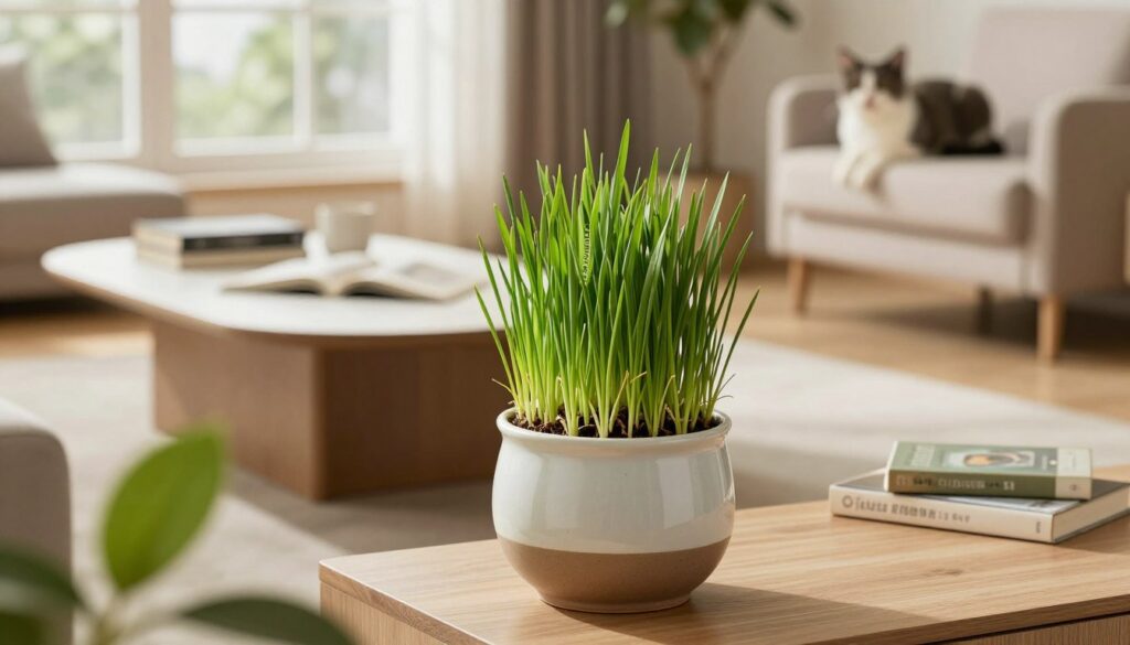 A cozy living room setting featuring a stylish cat-friendly plant, like catnip or wheatgrass, in an elegant ceramic pot. In the foreground, a vibrant green plant with lush leaves draws attention, while in the middle ground, a well-designed modern coffee table complements the decor. The background includes soft lighting filtering through a large window, creating a warm and inviting atmosphere. The room showcases tasteful decor elements like a few scattered books and a comfortable armchair, ensuring both style and safety for pets. The scene is composed with a slight overhead angle, providing a holistic view of the arrangement. Ideal for illustrating home decor options that keep both aesthetics and pet safety in mind. By Maya.