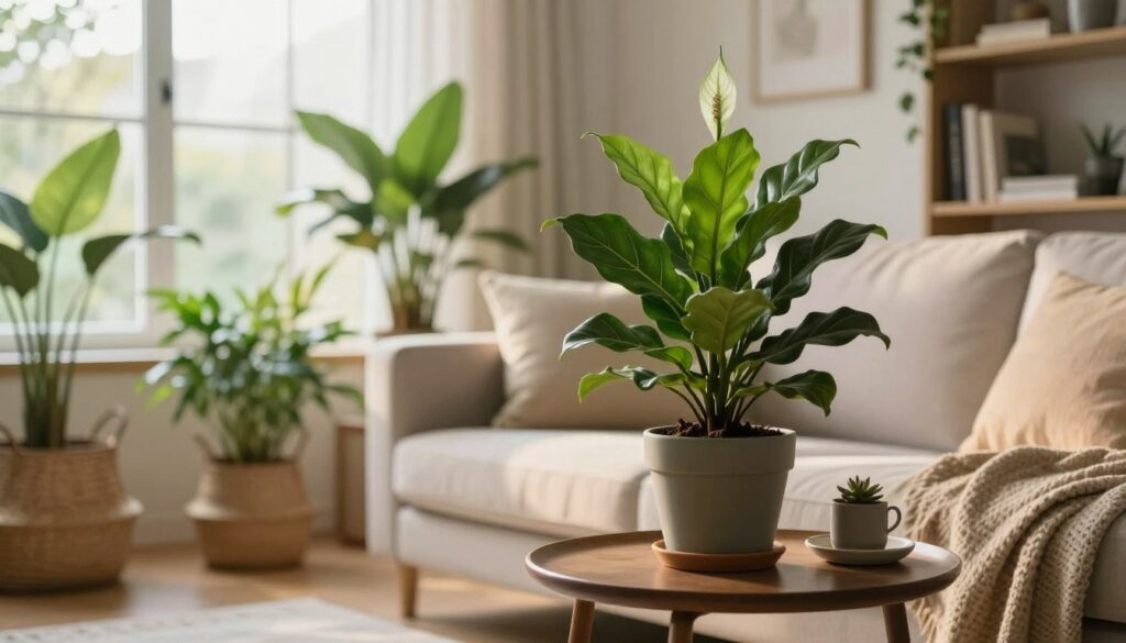 A cozy living room with a beautifully arranged indoor plant setup. In the foreground, a lush green potted plant, such as a fiddle leaf fig or a peace lily, sits on a stylish mid-century modern side table. The middle of the room features a comfortable sofa adorned with soft cushions, while indirect soft lighting casts a warm glow over the entire space, creating an inviting atmosphere. In the background, large windows provide ample natural light, illuminating the plants and enhancing their vibrant colors. Include decorative elements like a woven basket and a minimalistic bookshelf to add texture. Capture the scene from an angle that emphasizes both the plants and the cozy furnishings, ensuring the image is peaceful and harmonious. By Maya. A cozy living room with a beautifully arranged indoor plant setup. In the foreground, a lush green potted plant, such as a fiddle leaf fig or a peace lily, sits on a stylish mid-century modern side table. The middle of the room features a comfortable sofa adorned with soft cushions, while indirect soft lighting casts a warm glow over the entire space, creating an inviting atmosphere. In the background, large windows provide ample natural light, illuminating the plants and enhancing their vibrant colors. Include decorative elements like a woven basket and a minimalistic bookshelf to add texture. Capture the scene from an angle that emphasizes both the plants and the cozy furnishings, ensuring the image is peaceful and harmonious. By Maya.