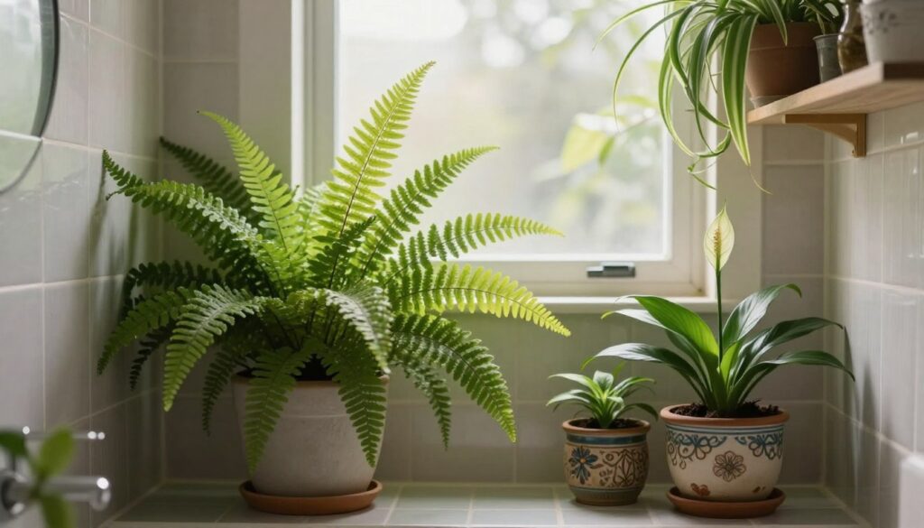 A cozy, small bathroom featuring an array of humidity-loving plants suitable for low light conditions. In the foreground, lush green ferns and a petite peace lily thrive in stylish ceramic pots with intricate designs. The middle ground showcases a bright, natural light streaming in from a frosted window, enhancing the plant life while illuminating soft hues of the bathroom tiles. The background reveals subtle hints of greenery, including a hanging spider plant cascading from a shelf above. The overall atmosphere is serene and inviting, evoking a sense of tranquility and connection to nature. Captured with a soft focus lens, the scene radiates warmth and comfort, presenting a perfect sanctuary. By Maya.