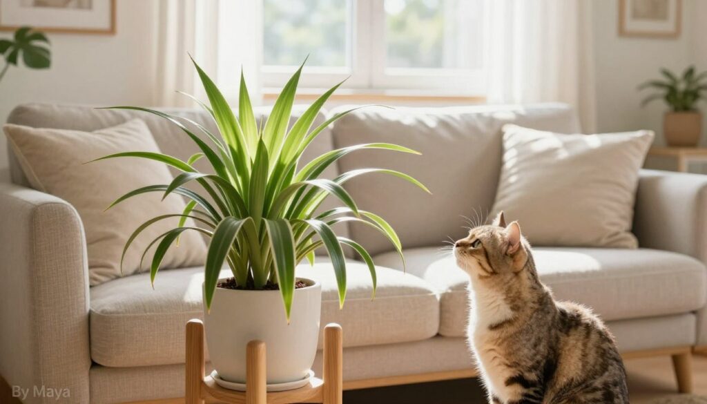 A cozy, well-decorated living room featuring a lush, cat-safe houseplant prominently displayed in the foreground. The plant has vibrant, green leaves, perhaps a spider plant or cat grass, positioned on a stylish, wooden plant stand. In the middle ground, a soft, inviting couch with throw pillows sets a relaxed atmosphere, while a small, playful cat curiously inspects the plant. The background shows bright, natural light streaming in through a window, casting gentle shadows and creating a warm ambiance. The setting should convey a sense of comfort and safety, perfect for pet owners. Capture the scene with a warm color palette and a soft focus effect for an inviting feel. Include the brand name 