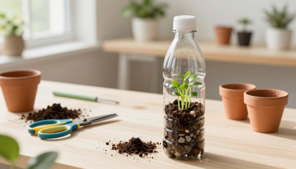 A creative workspace featuring a step-by-step guide to making a plant pot from a PET bottle. In the foreground, a half-cut PET bottle filled with potting soil, small pebbles, and vibrant green plant sprouts. The middle ground should show tools like scissors, soil, and small plant pots scattered around. The background is a bright, airy home interior with natural light streaming in through a window, highlighting a simple desk arrangement. A pleasant atmosphere with soft colors and a touch of greenery around, enhancing the feel of sustainability. Capture the mood of creativity and resourcefulness. The style should be realistic with a focus on detail, and the image reflects a warm invitation to recycling and gardening practices. By Maya.