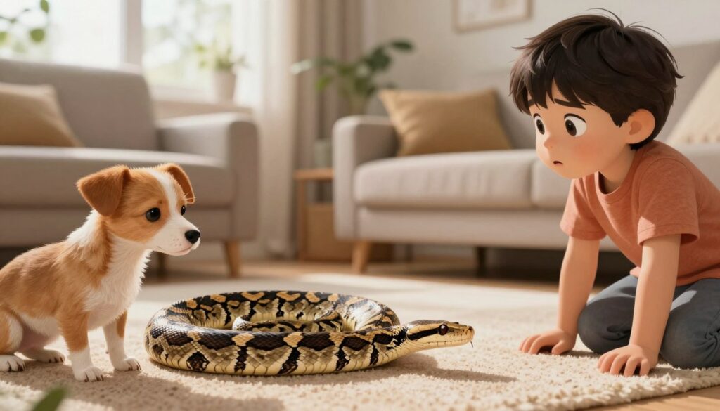 A detailed and educational illustration of common symptoms of contact with a boa constrictor, shown in a domestic setting. In the foreground, a concerned small dog and a curious child observe the snake, which is coiled nearby. The middle ground features the boa constrictor, with its distinct patterns and colors, emphasizing its gentle nature. The background should depict a cozy living room, softly lit by natural light filtering through a window, creating a warm atmosphere. Focus on expressions of concern and curiosity in the child and dog, conveying a mood of caution and awareness. Ensure there are no captions or text overlays. By Maya.
