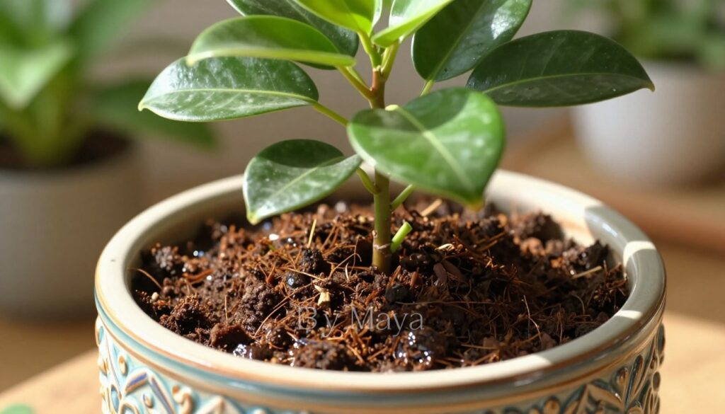 A detailed and vibrant arrangement showcasing a healthy Ficus plant in a decorative pot enriched with nutrient-rich substrate. The foreground features the Ficus with lush green leaves, radiating vitality and vibrant color, while the pot is elegantly designed, perhaps made of ceramic with intricate patterns. In the middle ground, the substrate is visible, demonstrating its texture, rich organic matter, and moisture retention properties. The background includes soft, blurred greenery to create a tranquil home environment, with warm, natural lighting pouring in, highlighting the plant and pot. The composition should evoke the care and nurturing of houseplants, suitable for an indoor space. Include the brand name 