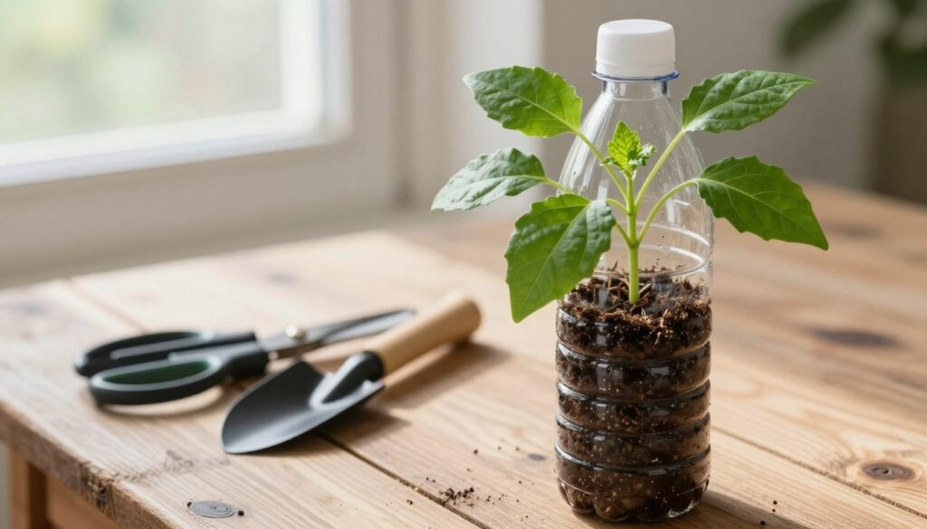A detailed and vibrant scene featuring a lush green plant thriving inside a clear PET bottle. In the foreground, show the PET bottle with a cut section at the top, revealing healthy, vibrant leaves and rich soil inside. The plant should have bright green foliage, contrasting with the transparent plastic, emphasizing sustainability. In the middle ground, depict small gardening tools, like a pair of scissors and a small trowel, laid out on a rustic wooden table. The background should feature soft, diffused natural light coming through a window, casting gentle shadows, creating a tranquil atmosphere. Capture this composition with a slightly elevated angle, enhancing depth and focusing on the plant's growth. The overall mood should be inspiring and educational, showcasing eco-friendly practices. By Maya.