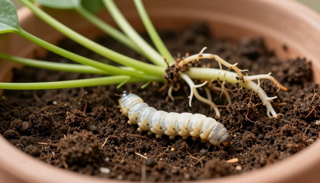 A detailed close-up image of soil containing a prominent white larva, surrounded by healthy green plant roots. In the foreground, focus on the larva nestled within rich, dark brown earth, showing its distinct shape and texture. In the middle ground, show vibrant green roots intertwining with the soil, highlighting the interaction between the plant and its environment. In the background, softly blurred, display a pot that symbolizes proper watering and care. The lighting should be warm and natural, conveying a sense of nurturing growth. The angle should be slightly above eye level, capturing the scene as if viewed by a gardener inspecting the plant. The atmosphere should evoke a sense of tranquility and attention to detail, emphasizing plant health. By Maya. A detailed close-up image of soil containing a prominent white larva, surrounded by healthy green plant roots. In the foreground, focus on the larva nestled within rich, dark brown earth, showing its distinct shape and texture. In the middle ground, show vibrant green roots intertwining with the soil, highlighting the interaction between the plant and its environment. In the background, softly blurred, display a pot that symbolizes proper watering and care. The lighting should be warm and natural, conveying a sense of nurturing growth. The angle should be slightly above eye level, capturing the scene as if viewed by a gardener inspecting the plant. The atmosphere should evoke a sense of tranquility and attention to detail, emphasizing plant health. By Maya.