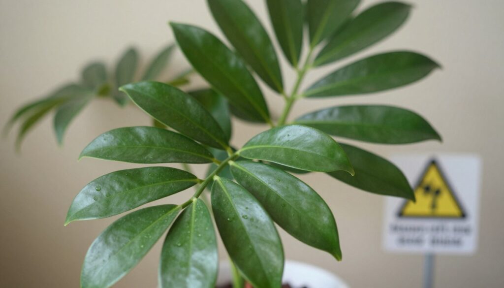 A detailed close-up of a Zamioculcas plant, showcasing its glossy, dark green leaves to emphasize the beauty of this tropical plant while subtly hinting at its toxic nature. The foreground includes the striking, symmetrical leaves against a blurred background of neutral, soft colors to create depth. The lighting is bright and natural, casting gentle shadows that highlight the plant's texture. Include a small warning sign about plant toxicity in the background, designed to be discreet and artistic, rather than overt. The overall mood is educational and serene, fitting for a residential setting. Shot with a shallow depth of field to draw focus to the plant's characteristics, conveying both allure and caution. By Maya.