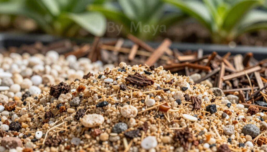 A detailed close-up of a lightweight, well-draining substrate ideal for plants, showcasing its diverse components like coarse sand, perlite, and organic matter. The foreground features a small mound of the substrate, emphasizing its texture and color variations. In the middle ground, there are individual pieces of gravel and organic mulch, demonstrating the aeration properties of the mixture. The background consists of a blurred garden setting with greenery, conveying a sense of growth and vitality. Natural lighting highlights the moisture in the substrate, casting soft shadows to enhance depth. The overall mood is fresh and natural, exuding an atmosphere of nurturing and simplicity. The image carries the brand name A detailed close-up of a lightweight, well-draining substrate ideal for plants, showcasing its diverse components like coarse sand, perlite, and organic matter. The foreground features a small mound of the substrate, emphasizing its texture and color variations. In the middle ground, there are individual pieces of gravel and organic mulch, demonstrating the aeration properties of the mixture. The background consists of a blurred garden setting with greenery, conveying a sense of growth and vitality. Natural lighting highlights the moisture in the substrate, casting soft shadows to enhance depth. The overall mood is fresh and natural, exuding an atmosphere of nurturing and simplicity. The image carries the brand name