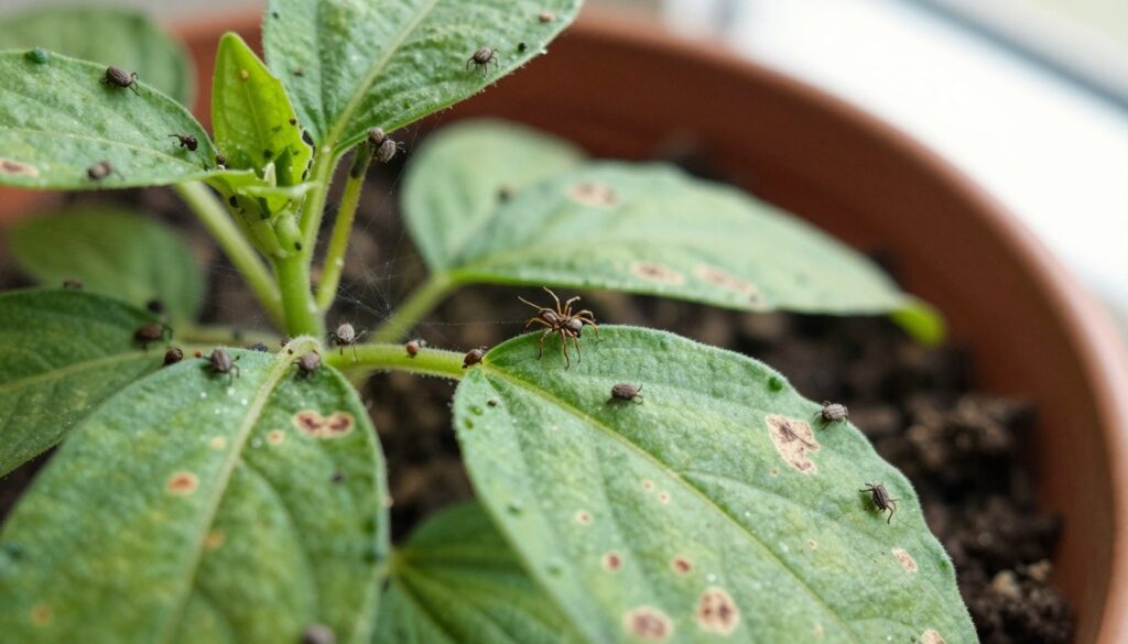 A detailed close-up of a plant infested with spider mites, showing their tiny bodies on the leaves. In the foreground, the plant's vibrant green leaves are prominently displayed, some with visible webbing and discoloration indicating damage. In the middle, several spider mites are crawling on the leaves, highlighted with a microscope-like focus, showcasing their intricate shapes and textures. The background features a blurred out pot with soil, suggesting the adjustment of watering and potting for plant health. The lighting is soft and natural, simulating sunlight filtering through a window, casting gentle shadows to enhance the mood. The overall atmosphere is informative and scientific, perfect for illustrating the effects of proper care on plant health. By Maya.