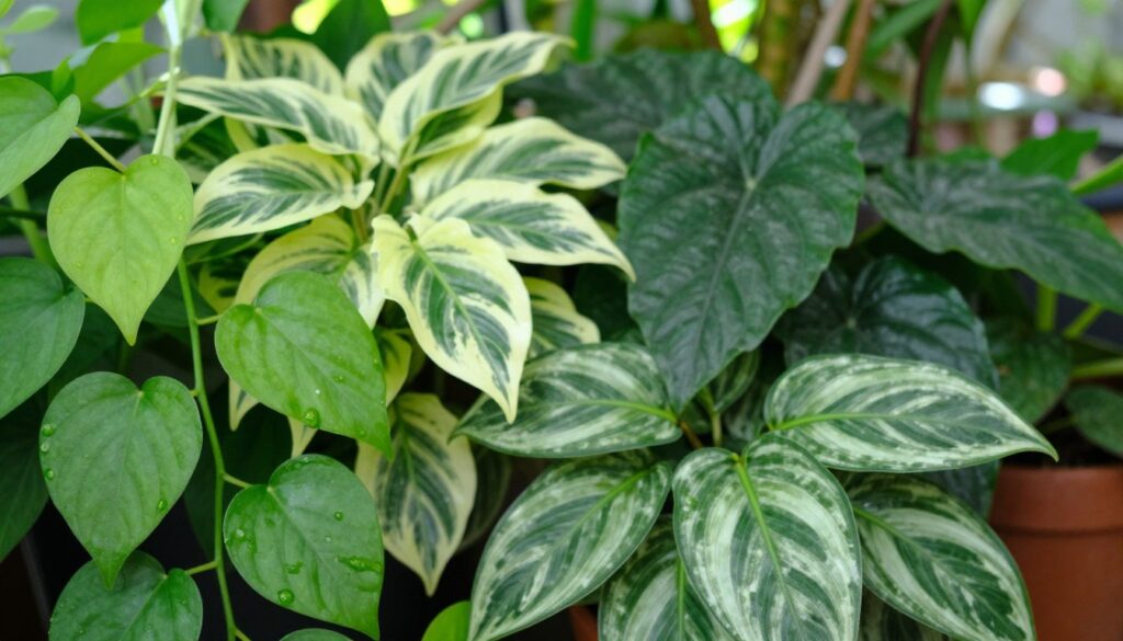 A detailed close-up of different types of *Hera planta*, showcasing their distinct leaf shapes and variegated patterns. In the foreground, lush green vines drape gracefully, emphasized by soft, natural lighting that highlights their texture. In the middle ground, a mix of healthy plants, some with pale green and white stripes, intermingles with darker, rich green varieties, illustrating biodiversity. In the background, a subtle, blurred garden setting, with hints of sunlight filtering through foliage, creates a serene atmosphere conducive to plant care. The composition feels inviting and educational, ideal for an article discussing plant safety. The image should evoke a sense of caution yet fascination, helping readers understand the characteristics of *Hera planta*. By Maya.