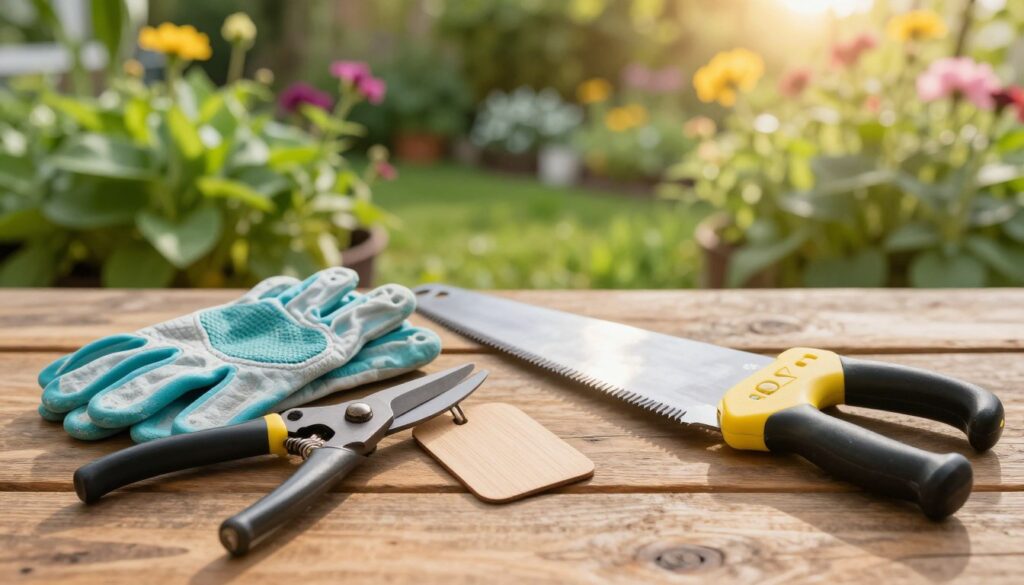 A detailed image of pruning tools essential for plant care, arranged artfully on a rustic wooden table. In the foreground, showcase a pair of sharp pruning shears and a small handheld saw, reflecting the sunlight. In the middle ground, include gardening gloves and a wooden plant label, emphasizing a practical gardening atmosphere. The background features a soft-focus garden scene with lush green foliage and blooming flowers, providing a sense of vitality and vibrancy. The lighting is warm and inviting, simulating late afternoon sunlight, enhancing the mood of a nurturing and peaceful gardening environment. This composition should feel informative yet calming. By Maya.