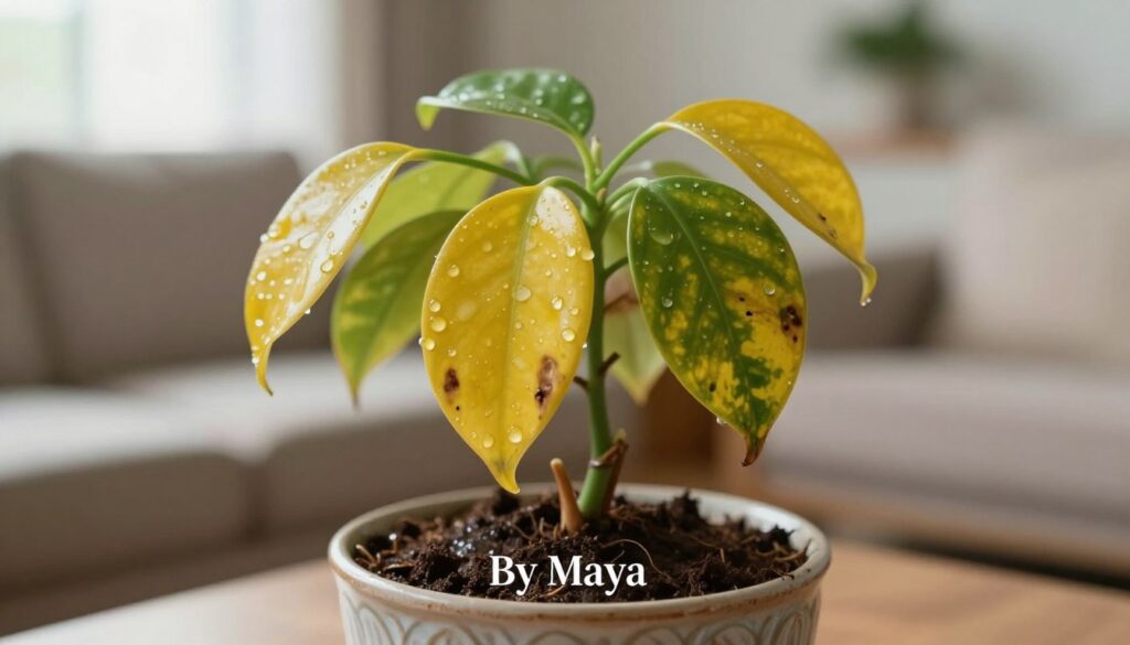 A drooping houseplant suffering from overwatering, its leaves yellowing and wilting. The foreground features the plant in a small, decorative pot with soil that's visibly waterlogged, highlighting the struggle against excessive moisture. In the middle, droplets of water cling to the leaves, while some leaves are beginning to decay, showcasing signs of distress. The background is softly blurred with hints of a cozy living space filled with light, adding a warm atmosphere but contrasting with the plant’s suffering. The lighting is soft and natural, casting gentle shadows and creating an emotional yet hopeful ambiance. A professional image, shot with a macro lens to emphasize the details of the plant's deterioration, branded with 