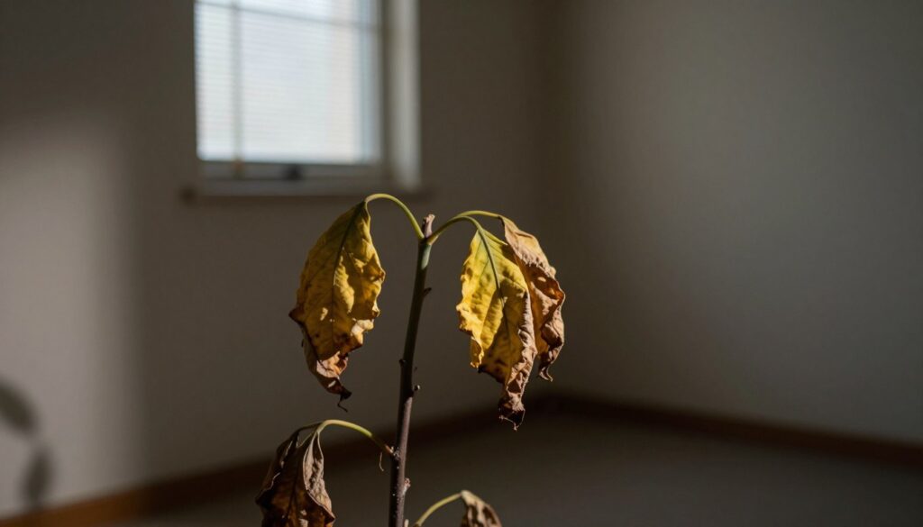 A dying plant struggling for survival due to insufficient light, positioned prominently in the foreground. The leaves are wilted and discolored, showcasing various shades of yellow and brown, signaling neglect. The middle ground features an empty, dimly lit room with shadows creeping across the walls, hinting at a lack of natural light. In the background, a single window with closed blinds filters in a faint glow, emphasizing the plant's desperate need for sunlight. Soft, dramatic lighting casts gentle shadows, enhancing the somber mood of the scene. A shallow depth of field focuses on the fragile plant, while the blurred background adds a sense of isolation. The image should evoke a feeling of urgency to rescue the plant, accentuating its vulnerability. By Maya.