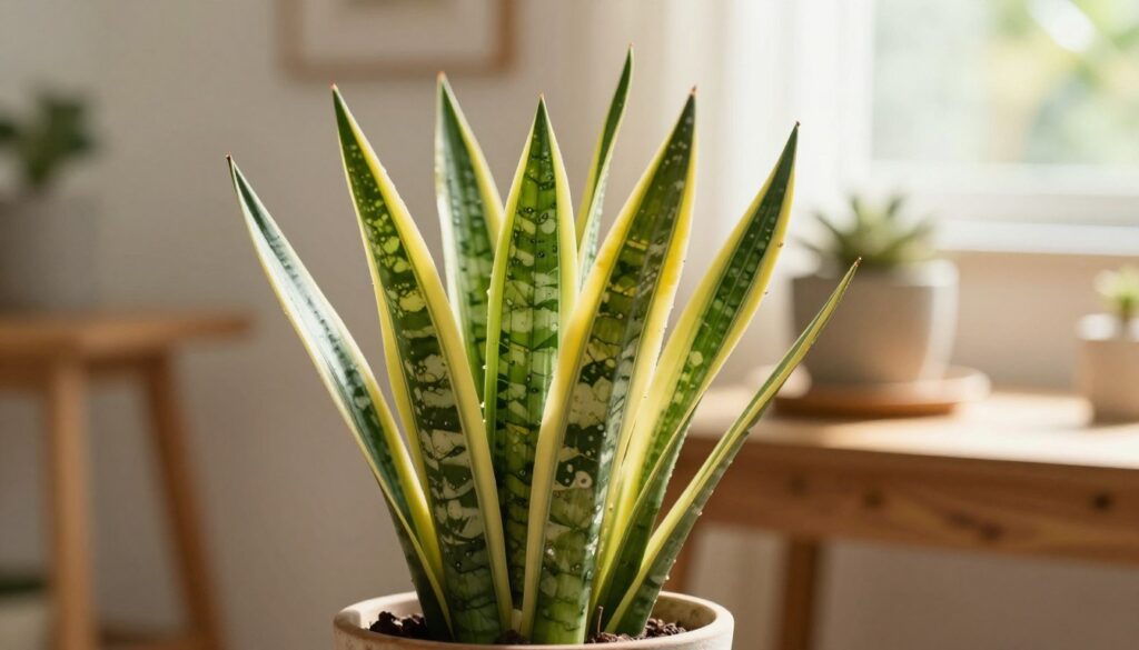 A healthy Espada de São Jorge plant, also known as Sansevieria, prominently displayed in the foreground, showcasing its tall, sword-like leaves with vibrant green and yellow edges. The plant is lush and robust, reflecting optimal care without overwatering. In the middle ground, a rustic pot sits on a simple wooden table, emphasizing a natural, homey aesthetic. In the background, a softly blurred interior setting features warm, diffused sunlight filtering through a window, creating a serene atmosphere. The overall mood is calm and inviting, ideal for highlighting the nuances of plant care. The image emphasizes clarity and detail in the leaves’ texture. By Maya. A healthy Espada de São Jorge plant, also known as Sansevieria, prominently displayed in the foreground, showcasing its tall, sword-like leaves with vibrant green and yellow edges. The plant is lush and robust, reflecting optimal care without overwatering. In the middle ground, a rustic pot sits on a simple wooden table, emphasizing a natural, homey aesthetic. In the background, a softly blurred interior setting features warm, diffused sunlight filtering through a window, creating a serene atmosphere. The overall mood is calm and inviting, ideal for highlighting the nuances of plant care. The image emphasizes clarity and detail in the leaves’ texture. By Maya.