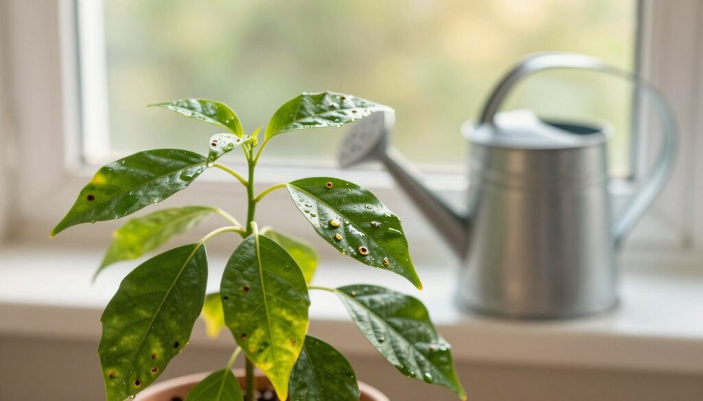 A healthy green plant bathed in ideal lighting conditions to promote recovery from mite damage, showcasing vibrant leaves with minor signs of past pest infestation. In the foreground, the plant's glossy, rich leaves glisten under soft, warm sunlight, highlighting their freshness. The middle ground features a gently blurred watering can, symbolizing care and attention, while droplets of water catch the light, suggesting recent nurturing. In the background, a serene windowsill with soft, natural daylight pouring in enhances the atmosphere, creating a peaceful environment. The image conveys a sense of hope and rejuvenation, reflecting the process of healing for the plant. By Maya.