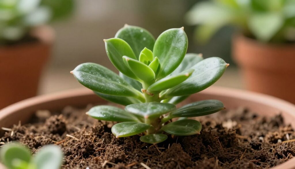 A healthy jade plant, with vibrant green leaves and slightly rounded shapes, sitting in a freshly tilled and rich soil pot. The foreground features the jade plant prominent and focused, with its thick stems and glossy leaves reflecting a gentle light. In the middle ground, soft earthy tones highlight the texture of the soil, emphasizing its vitality. In the background, blurred greenery hints at a warm, welcoming indoor setting or garden space, creating a peaceful atmosphere. The lighting is soft and natural, suggesting a serene midday sun filtering through, enhancing the plant's health and resilience. This image encapsulates recovery and rejuvenation, showcasing the jade plant's strength and beauty as it thrives post-care. By Maya. A healthy jade plant, with vibrant green leaves and slightly rounded shapes, sitting in a freshly tilled and rich soil pot. The foreground features the jade plant prominent and focused, with its thick stems and glossy leaves reflecting a gentle light. In the middle ground, soft earthy tones highlight the texture of the soil, emphasizing its vitality. In the background, blurred greenery hints at a warm, welcoming indoor setting or garden space, creating a peaceful atmosphere. The lighting is soft and natural, suggesting a serene midday sun filtering through, enhancing the plant's health and resilience. This image encapsulates recovery and rejuvenation, showcasing the jade plant's strength and beauty as it thrives post-care. By Maya.